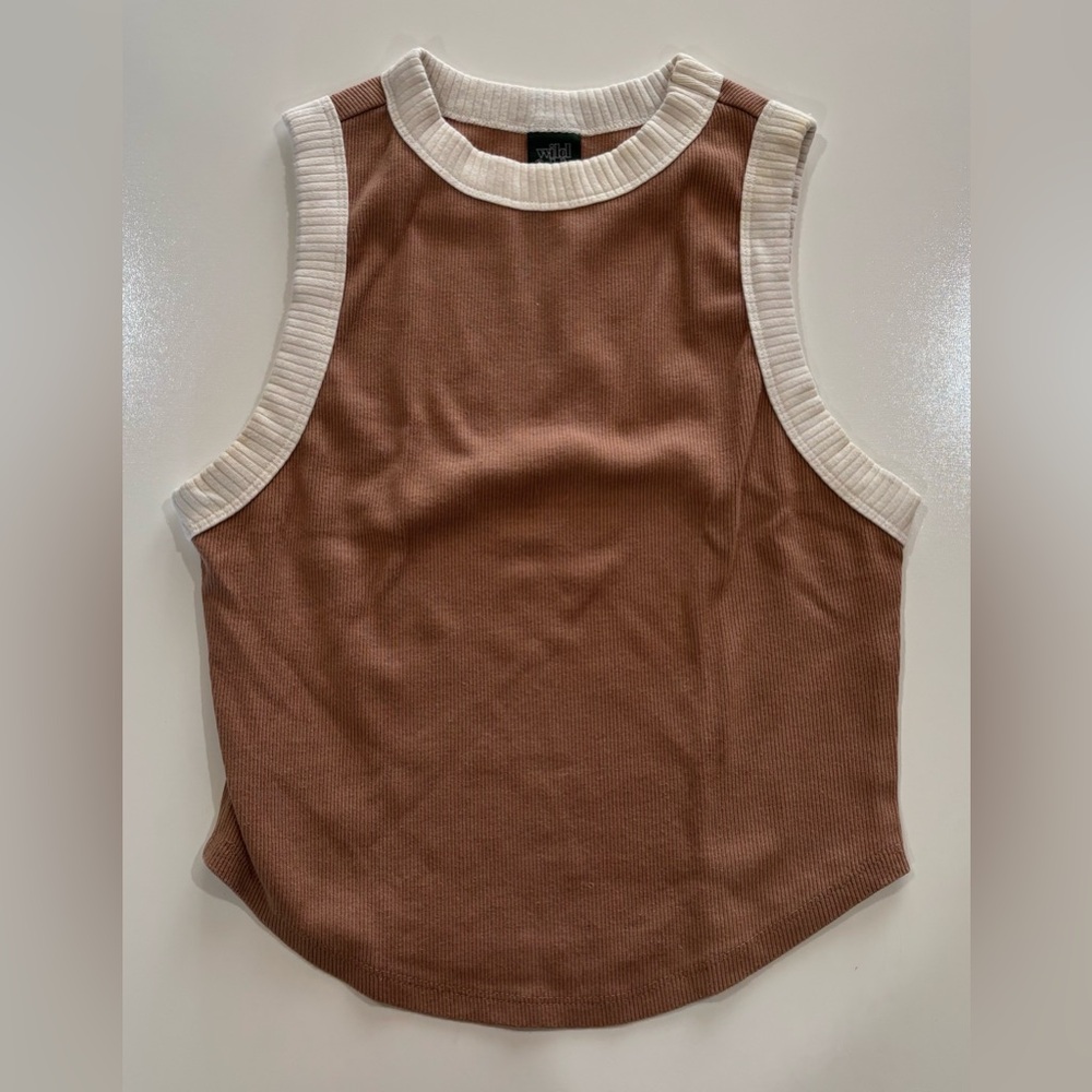 Sleeveless Ribbed Tank with Contrast Trim - Brown/Cream